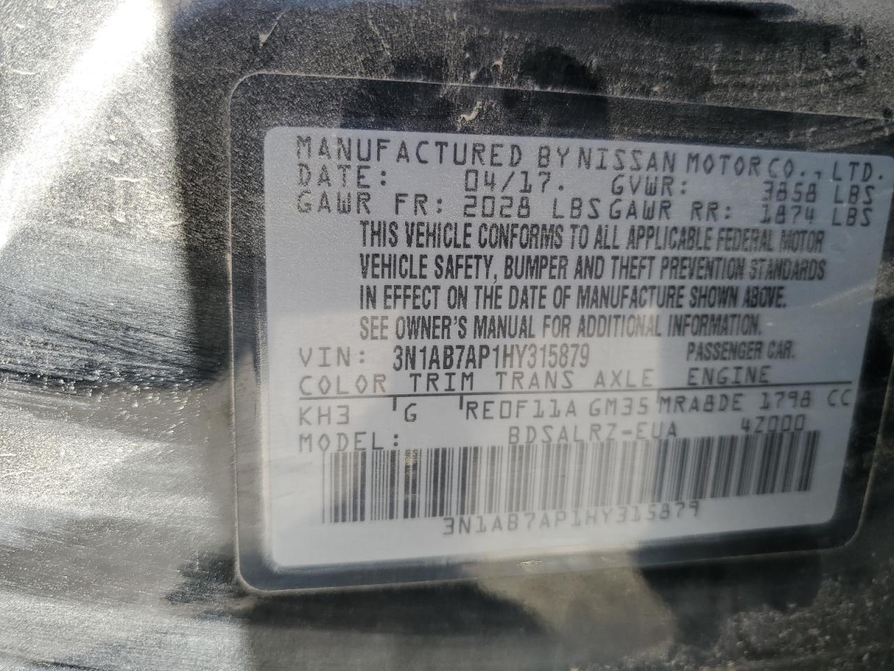 3N1AB7AP1HY315879 2017 Nissan Sentra S