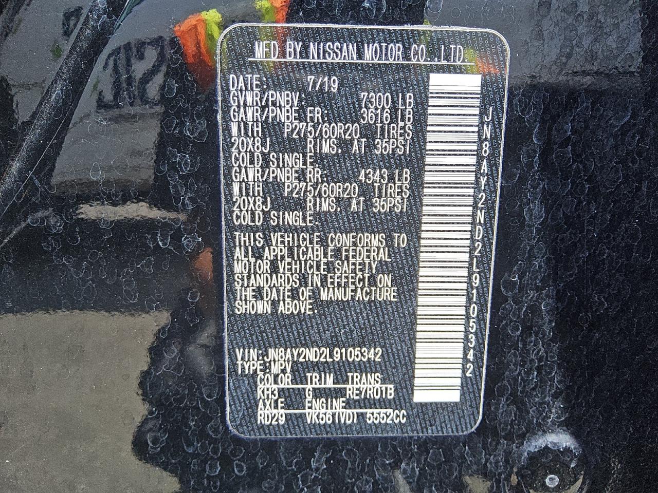 2020 Nissan Armada Sv VIN: JN8AY2ND2L9105342 Lot: 66540515