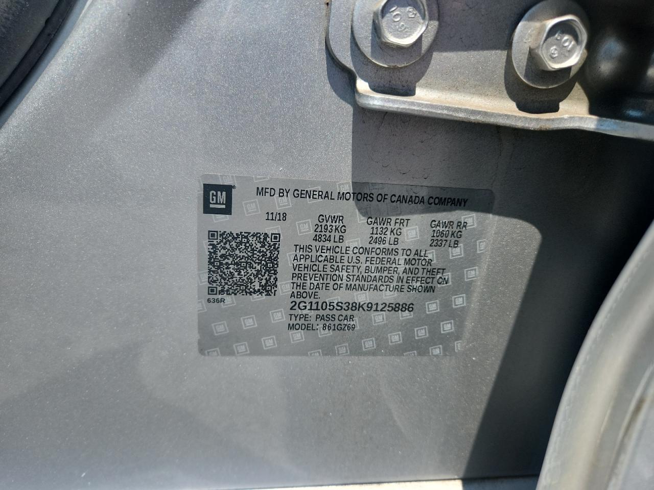 2019 Chevrolet Impala Premier VIN: 2G1105S38K9125886 Lot: 67103505