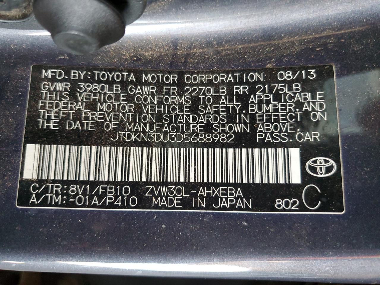 2013 Toyota Prius VIN: JTDKN3DU3D5688982 Lot: 65202195