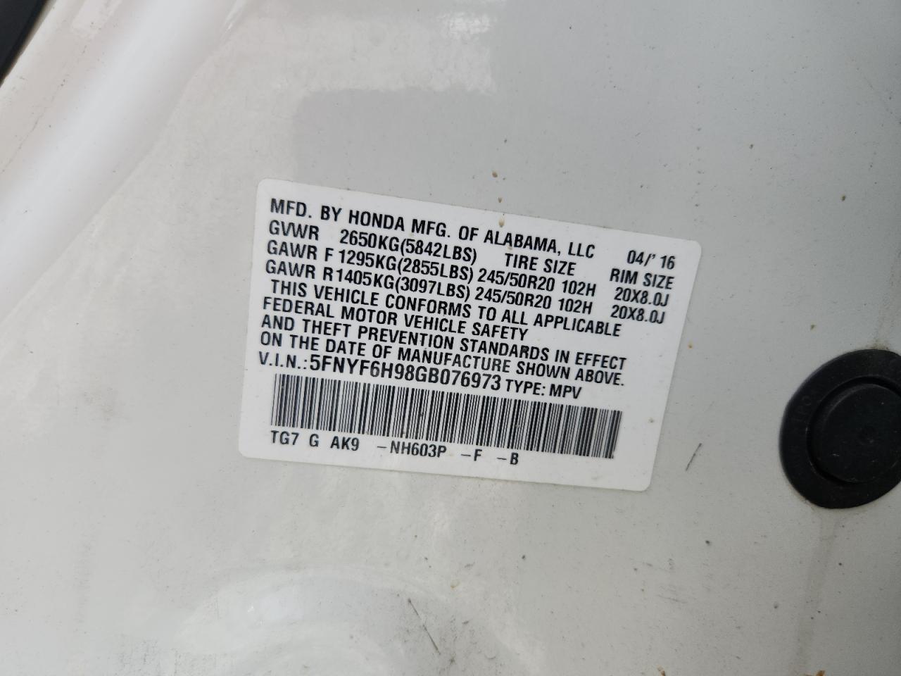 2016 Honda Pilot Touring VIN: 5FNYF6H98GB076973 Lot: 65572075