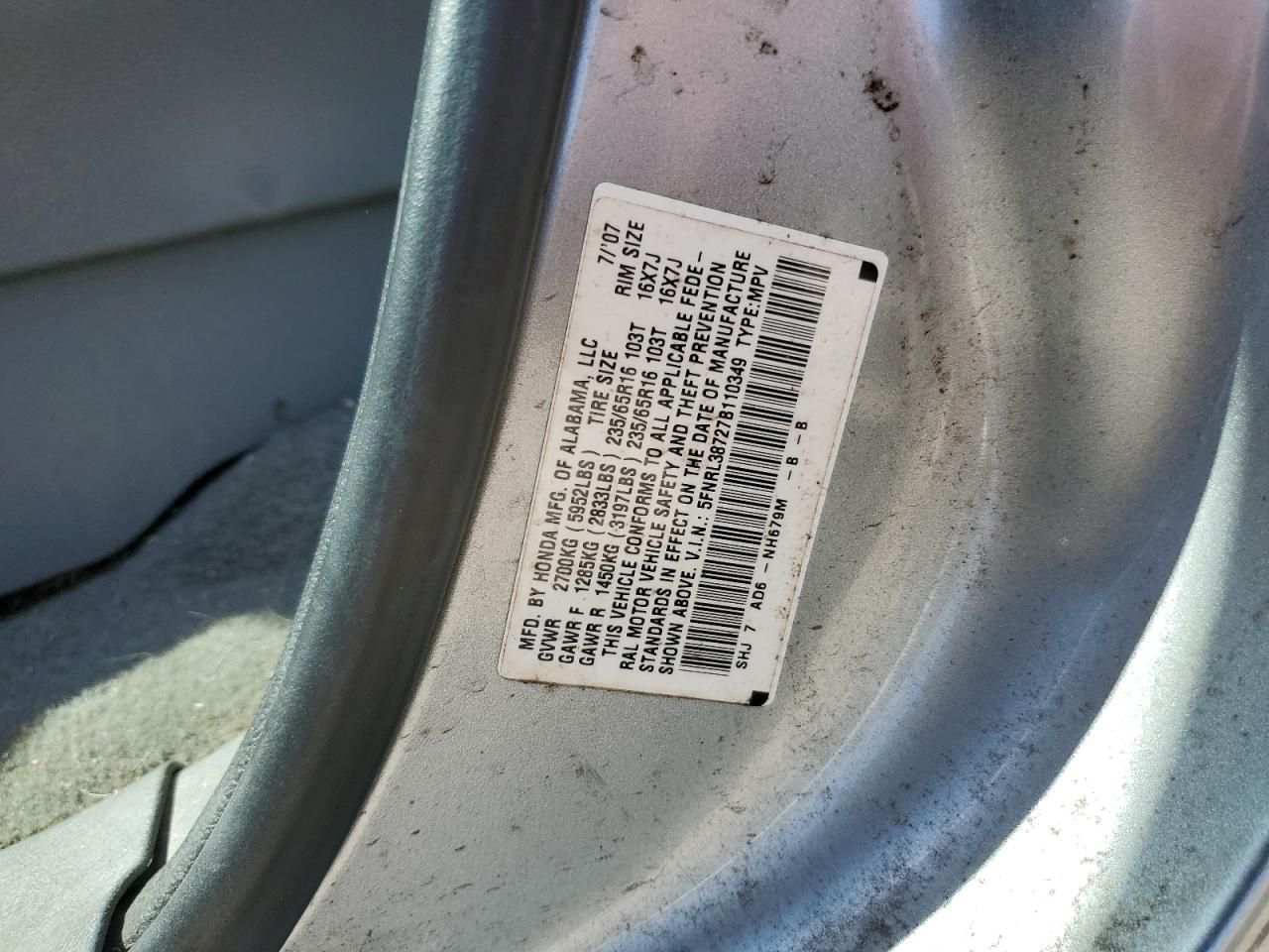 2007 Honda Odyssey Exl VIN: 5FNRL38727B110349 Lot: 65402145
