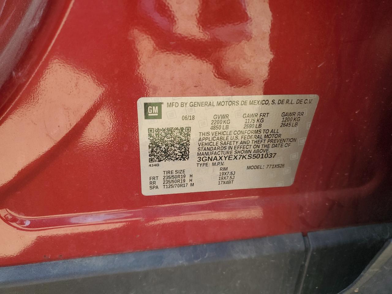 2019 Chevrolet Equinox Premier VIN: 3GNAXYEX7KS501037 Lot: 63088445