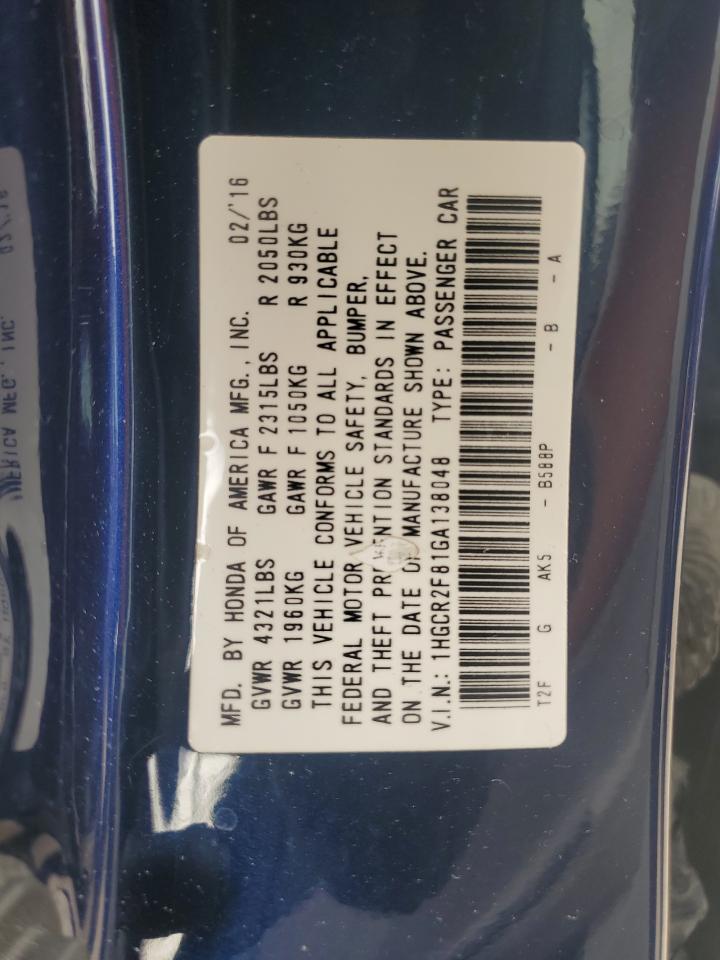 2016 Honda Accord Exl VIN: 1HGCR2F81GA138048 Lot: 64758565