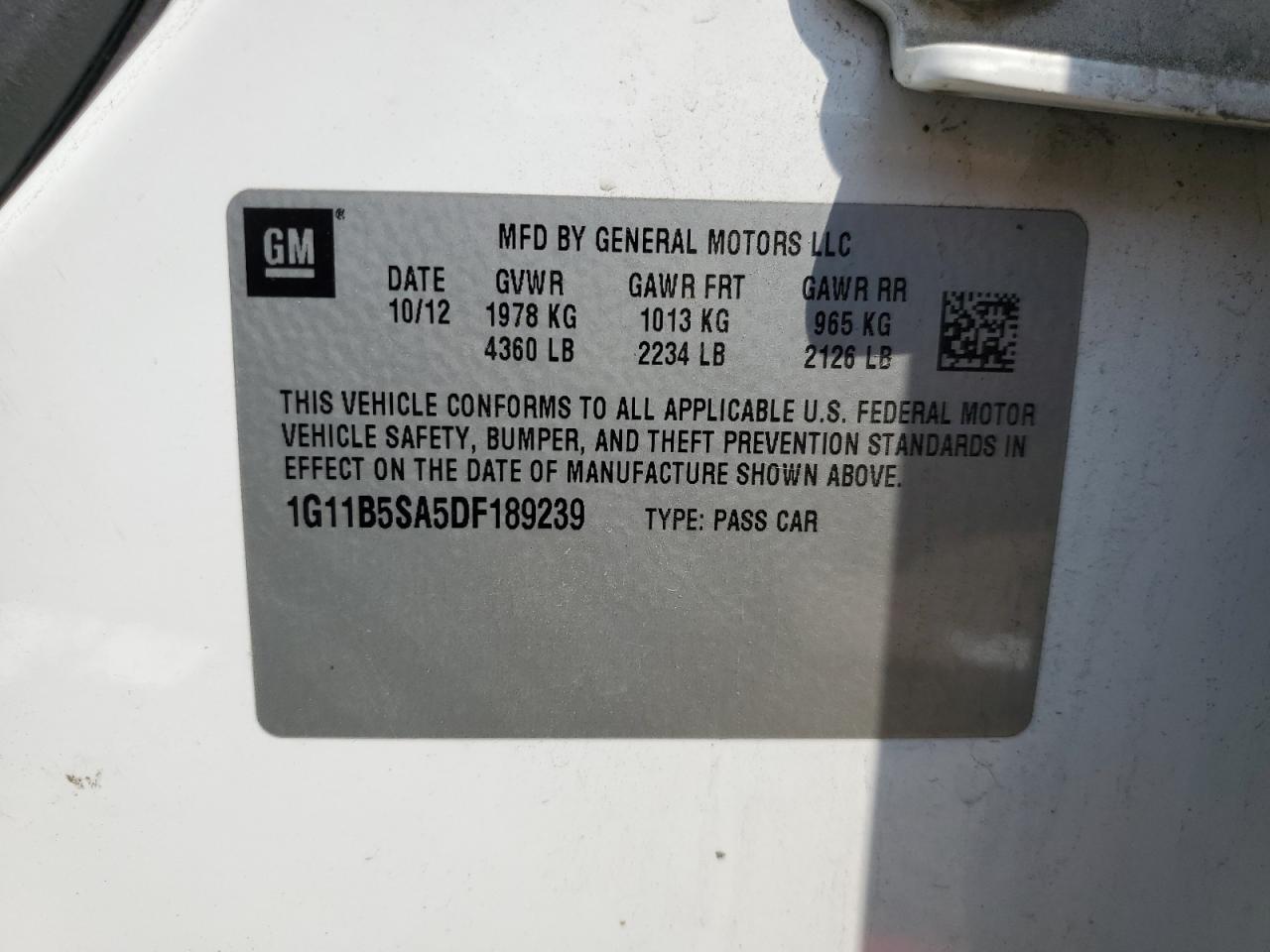 2013 Chevrolet Malibu Ls VIN: 1G11B5SA5DF189239 Lot: 63797005