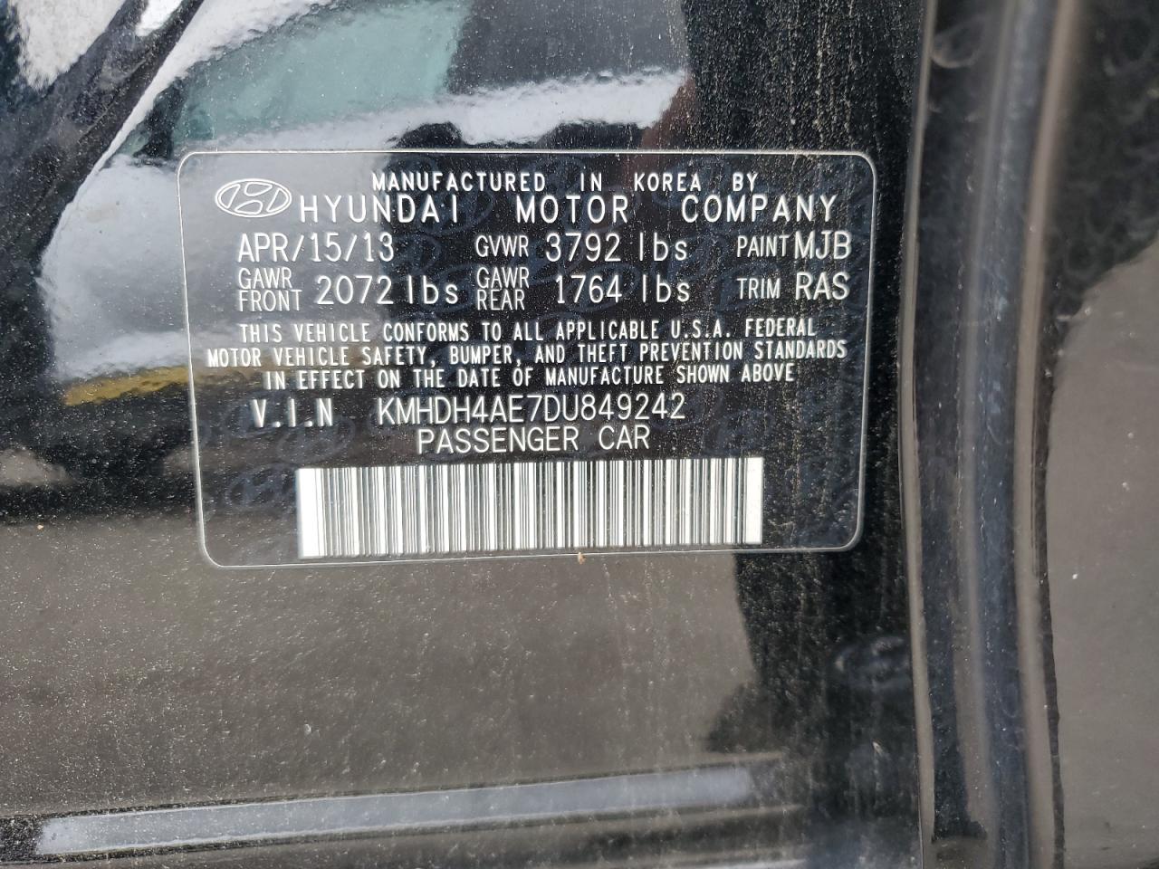 2013 Hyundai Elantra Gls VIN: KMHDH4AE7DU849242 Lot: 63089355