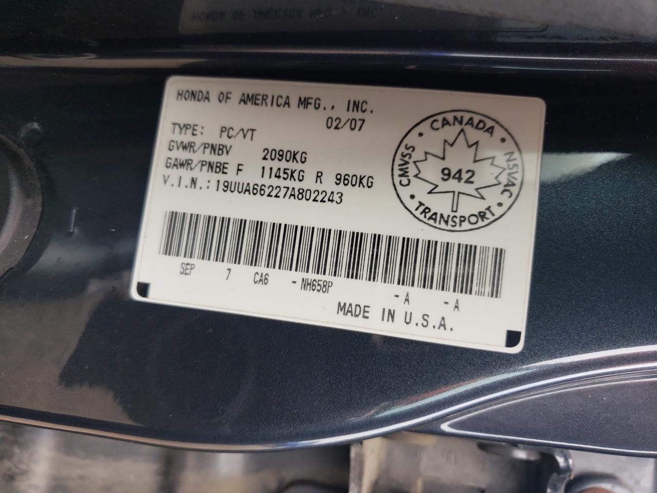 2007 Acura Tl VIN: 19UUA66227A802243 Lot: 67179065