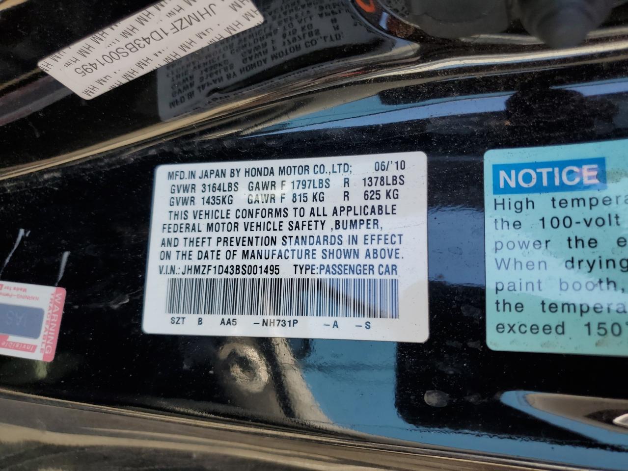 2011 Honda Cr-Z VIN: JHMZF1D43BS001495 Lot: 85386505