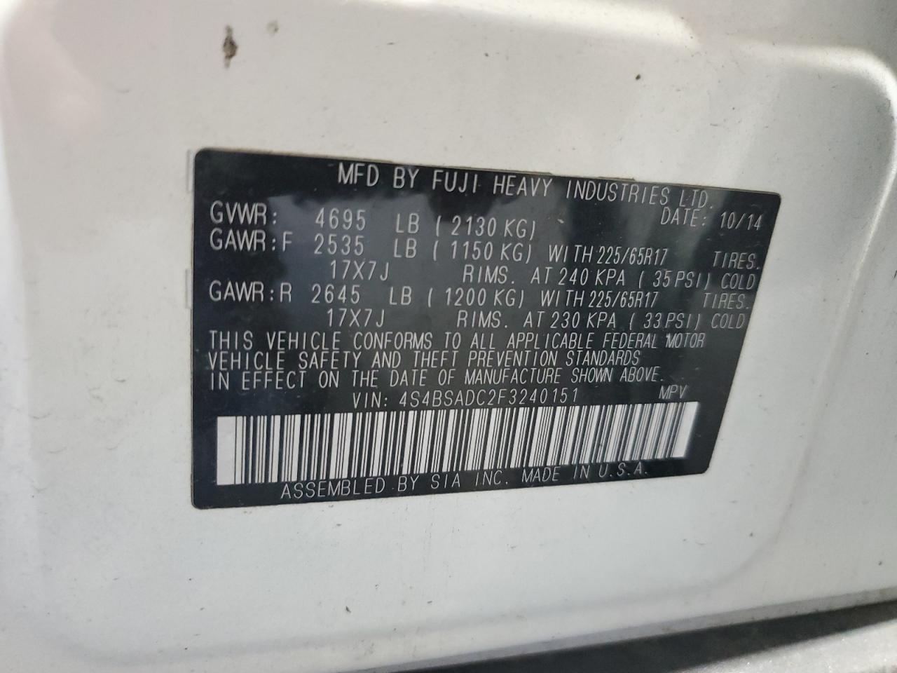 2015 Subaru Outback 2.5I Premium VIN: 4S4BSADC2F3240151 Lot: 66660175