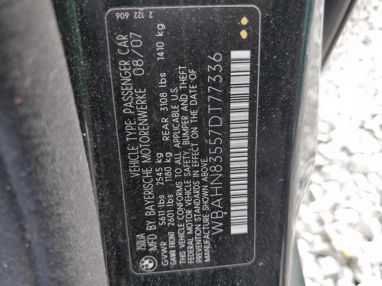2007 BMW 750 VIN: WBAHN83557DT77336 Lot: 63240135