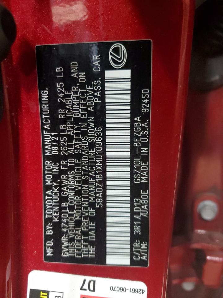 2021 Lexus Es 350 Base VIN: 58ADZ1B1XMU109636 Lot: 63041585