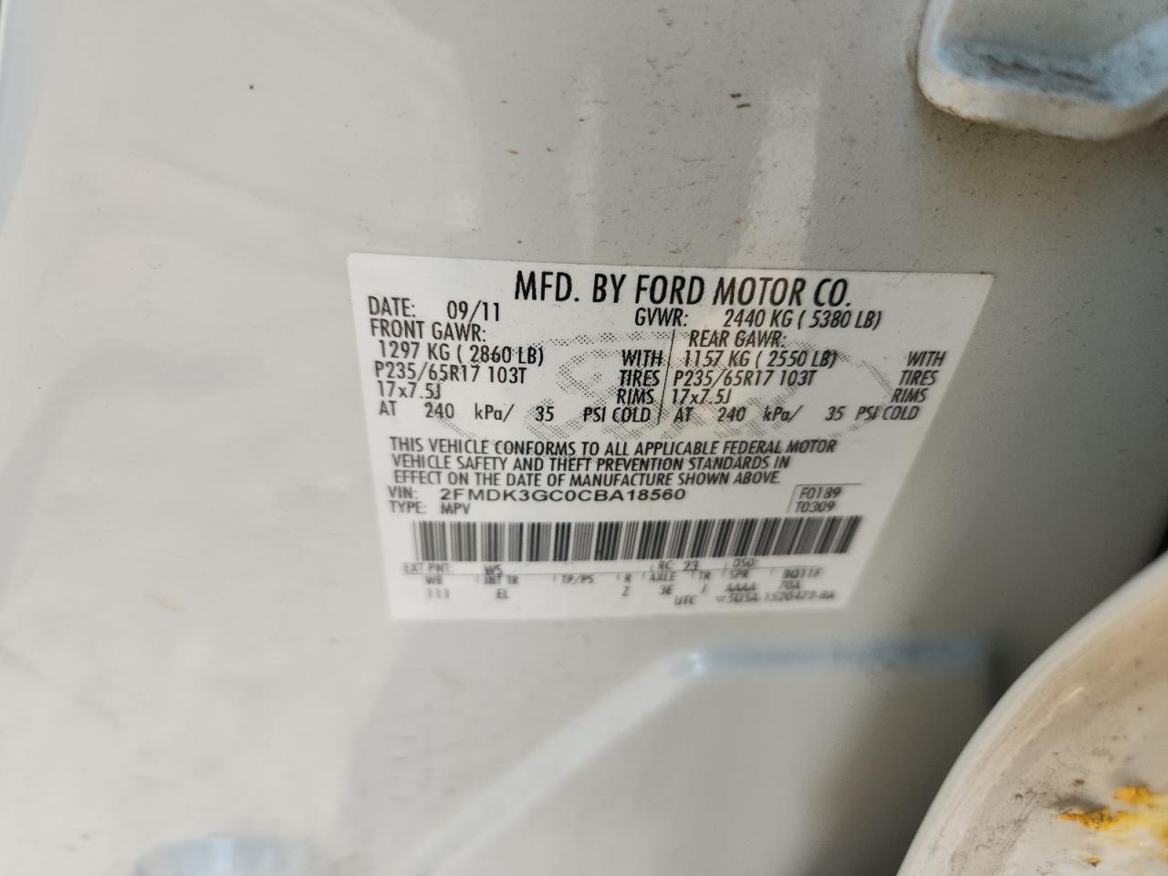 2012 Ford Edge Se VIN: 2FMDK3GC0CBA18560 Lot: 63070215