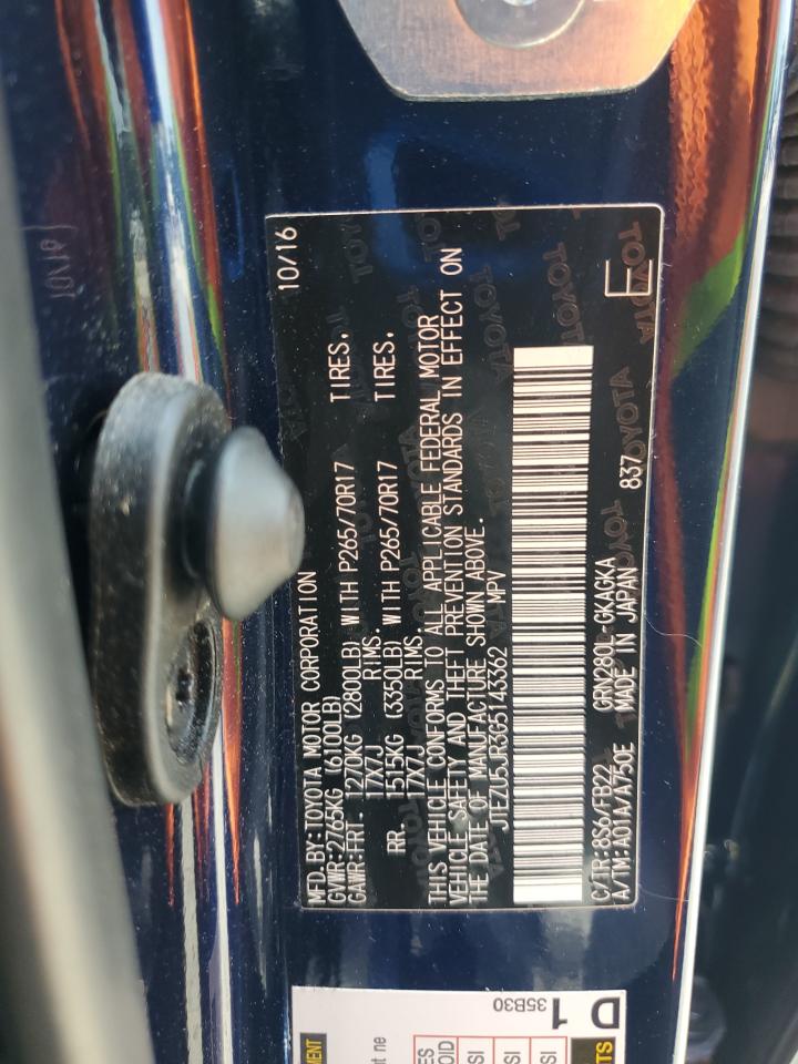 2016 Toyota 4Runner Sr5 VIN: JTEZU5JR3G5143362 Lot: 63442605