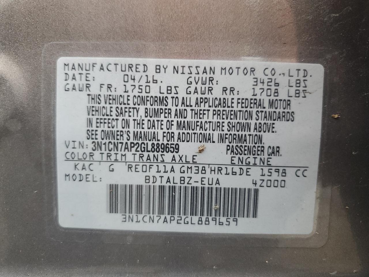 2016 Nissan Versa S VIN: 3N1CN7AP2GL889659 Lot: 64223305