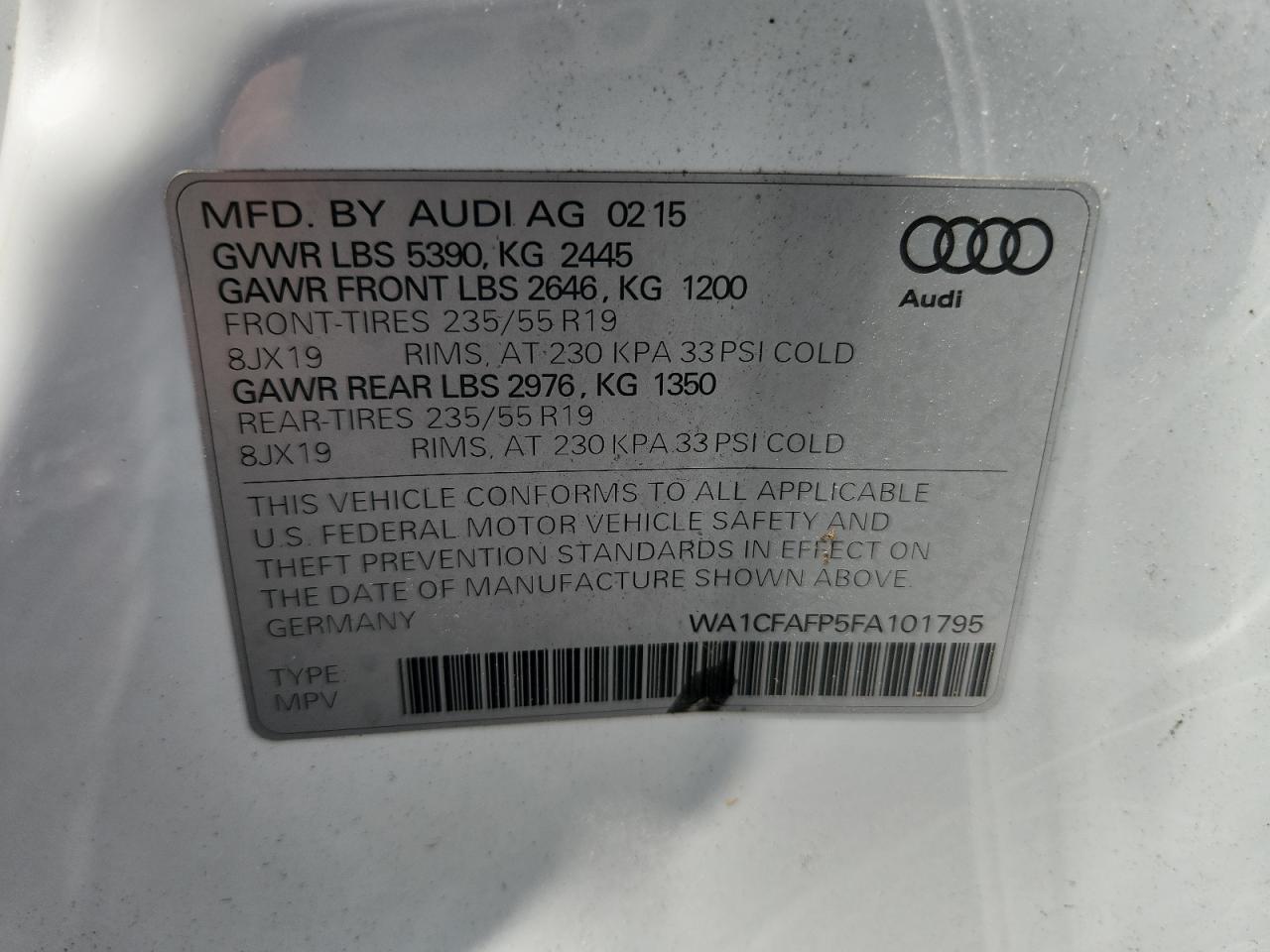 2015 Audi Q5 Premium VIN: WA1CFAFP5FA101795 Lot: 65278005
