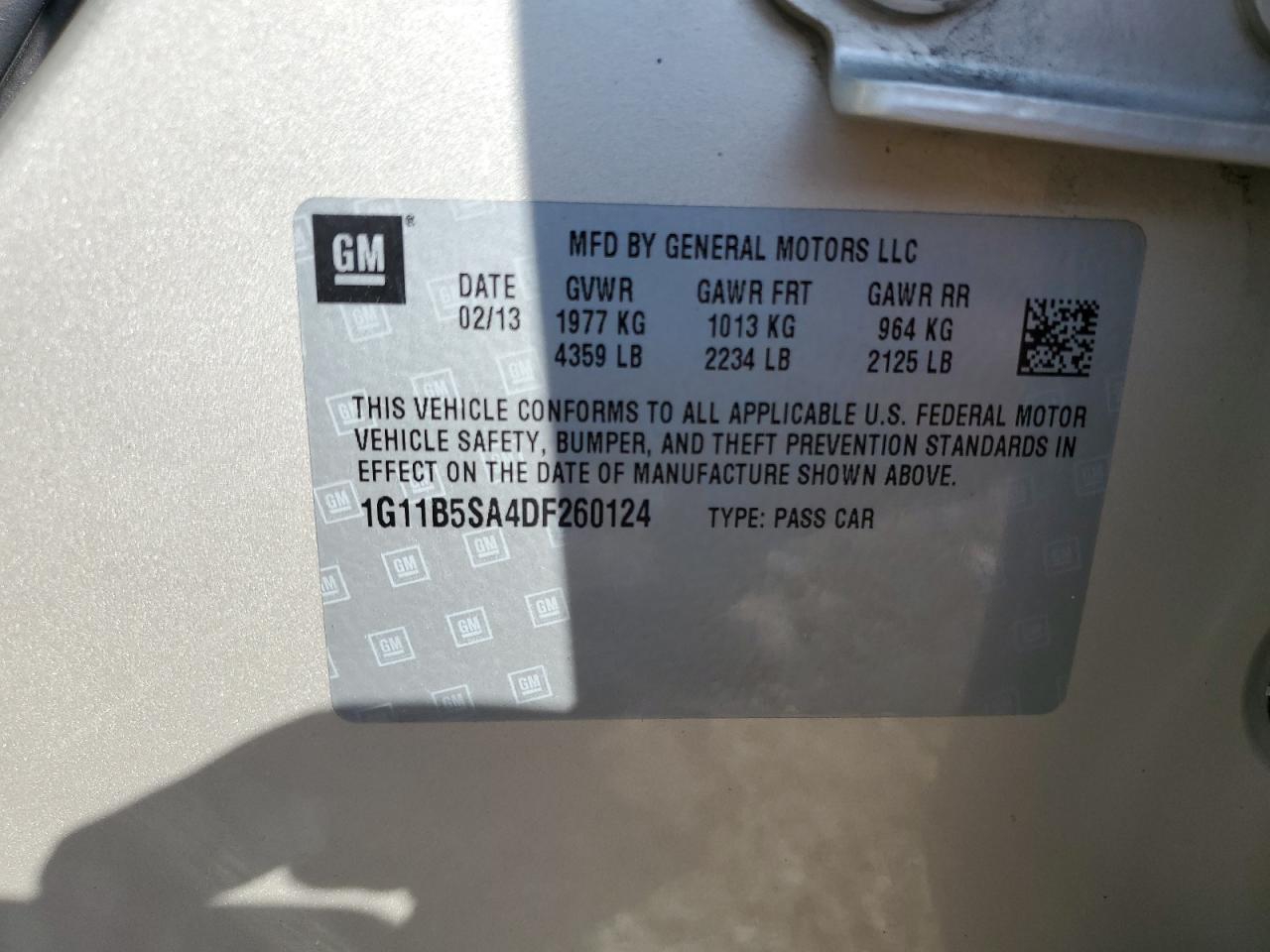 2013 Chevrolet Malibu Ls VIN: 1G11B5SA4DF260124 Lot: 64845405