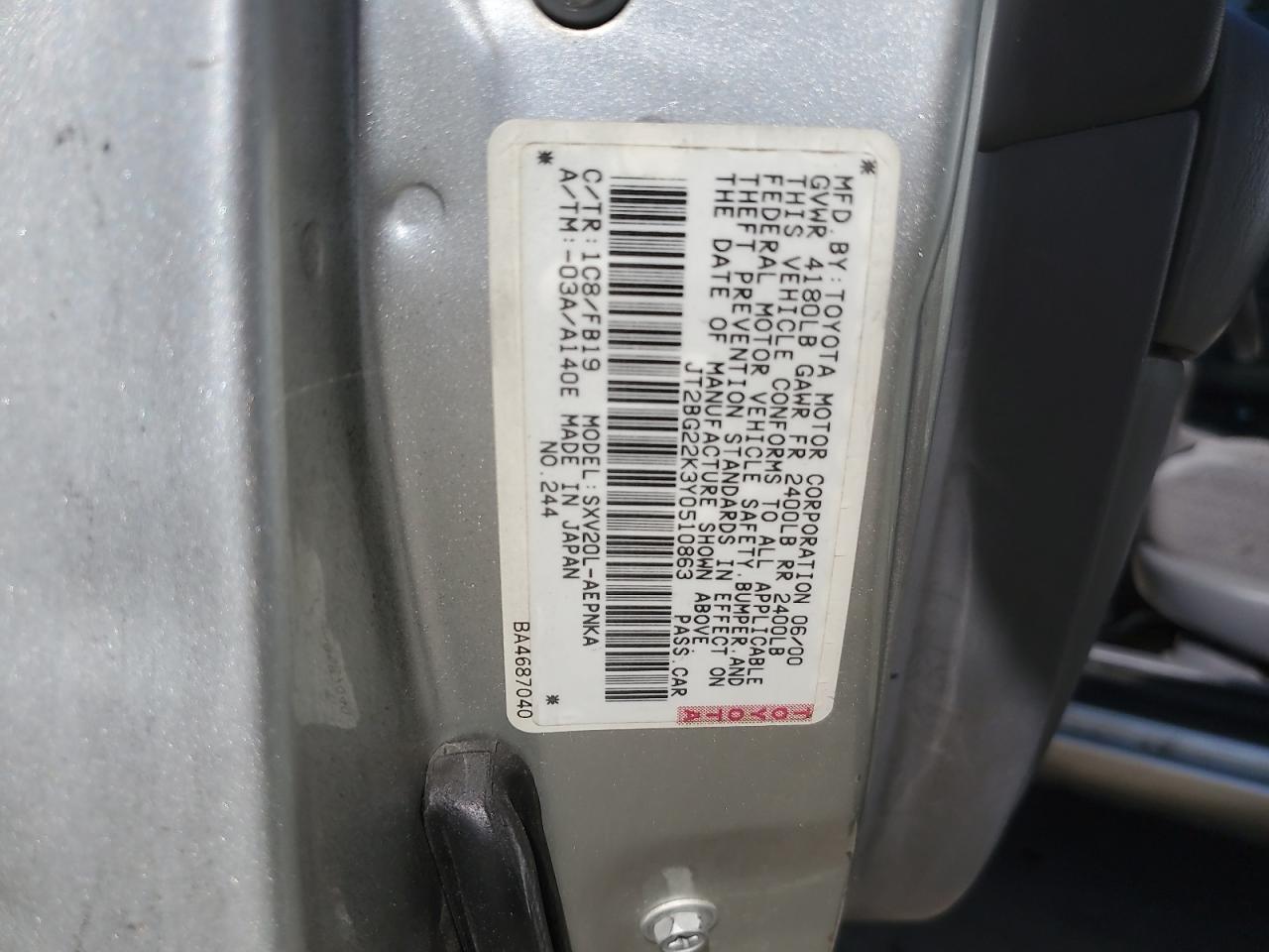 2000 Toyota Camry Ce VIN: JT2BG22K3Y0510863 Lot: 71069245