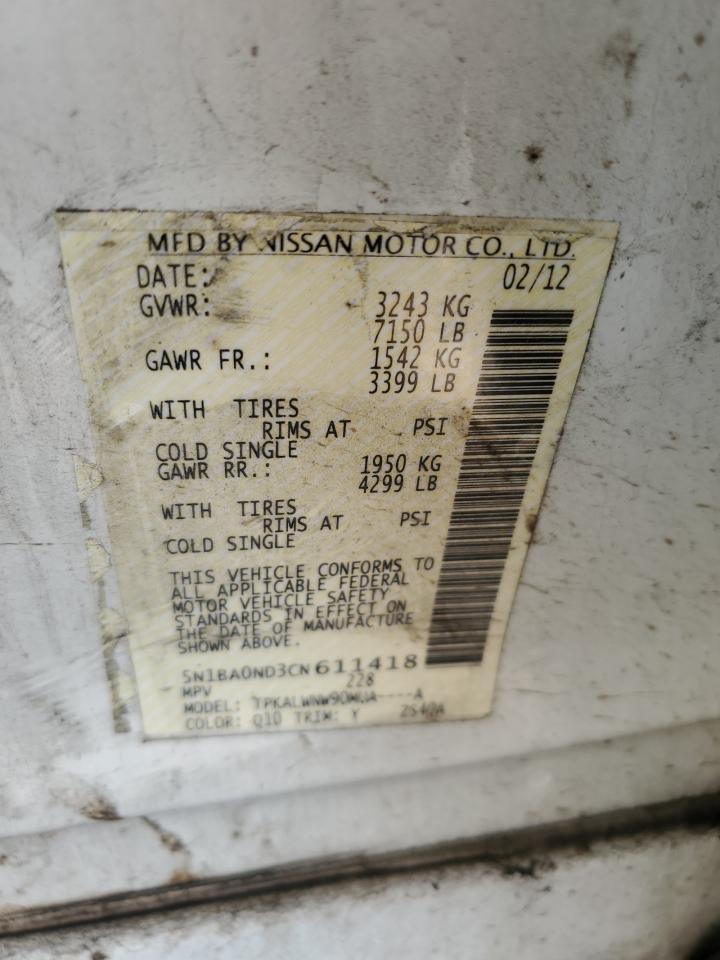 2012 Nissan Armada Sv VIN: 5N1BA0ND3CN611418 Lot: 62955395