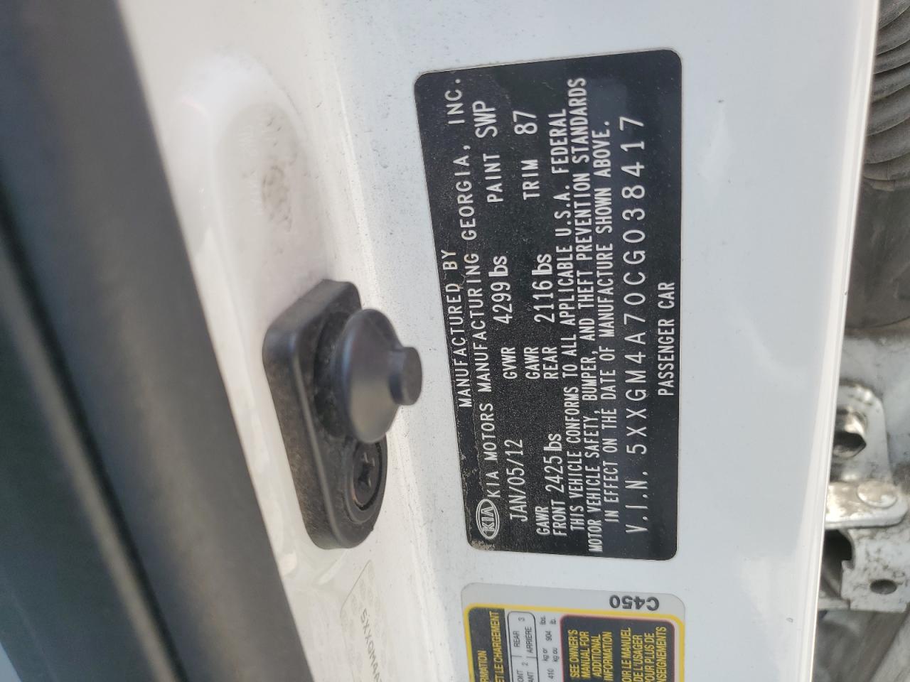 5xxgm4a70cg038417 5XXGM4A70CG038417 2012 Kia Optima Lx