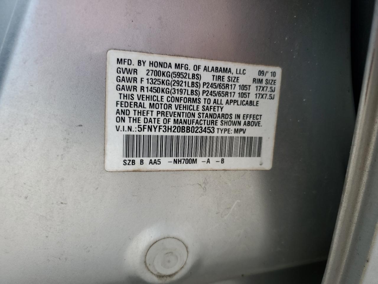 2011 Honda Pilot Lx VIN: 5FNYF3H20BB023453 Lot: 64778385