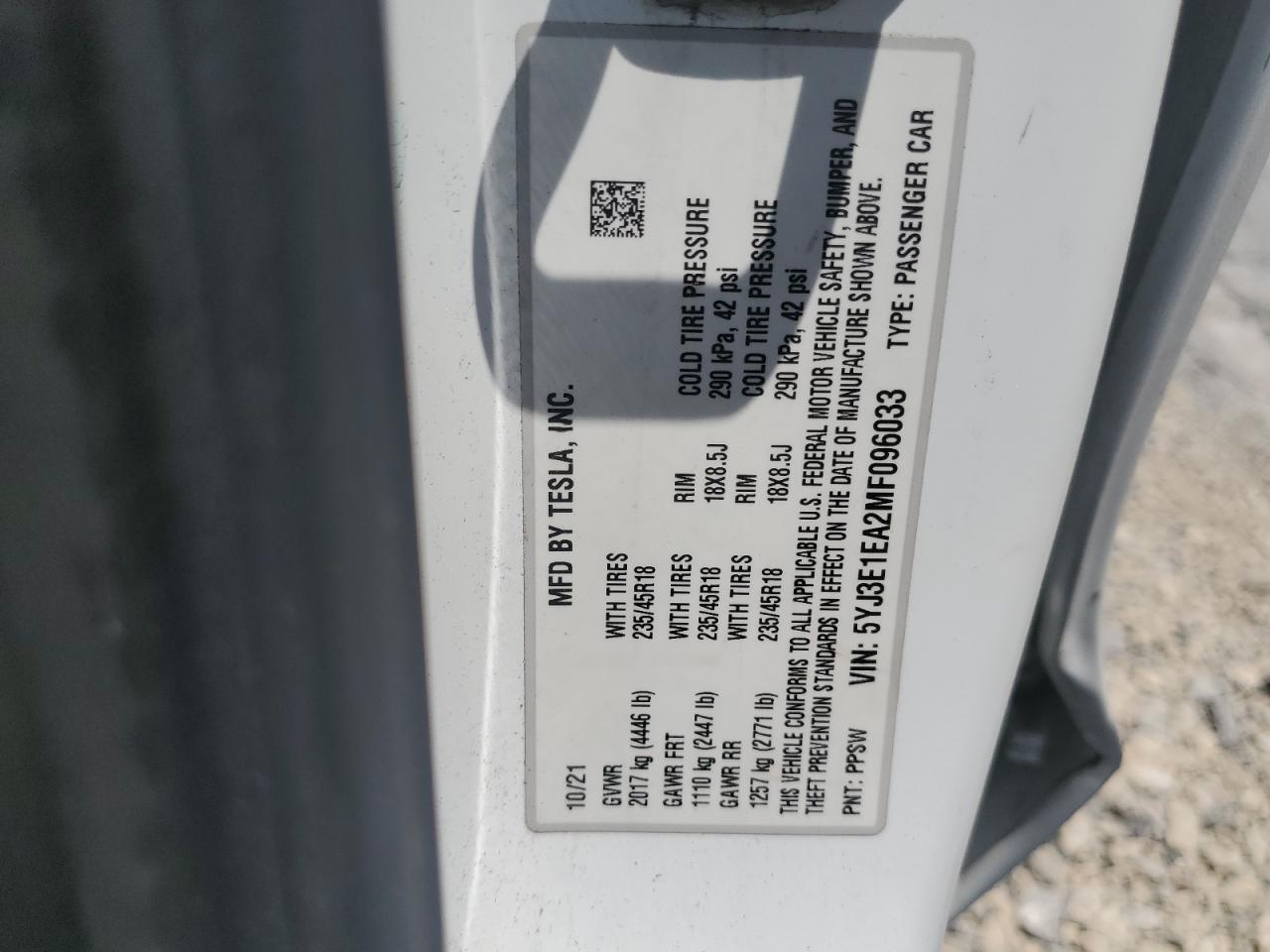 2021 Tesla Model 3 VIN: 5YJ3E1EA2MF096033 Lot: 62989105