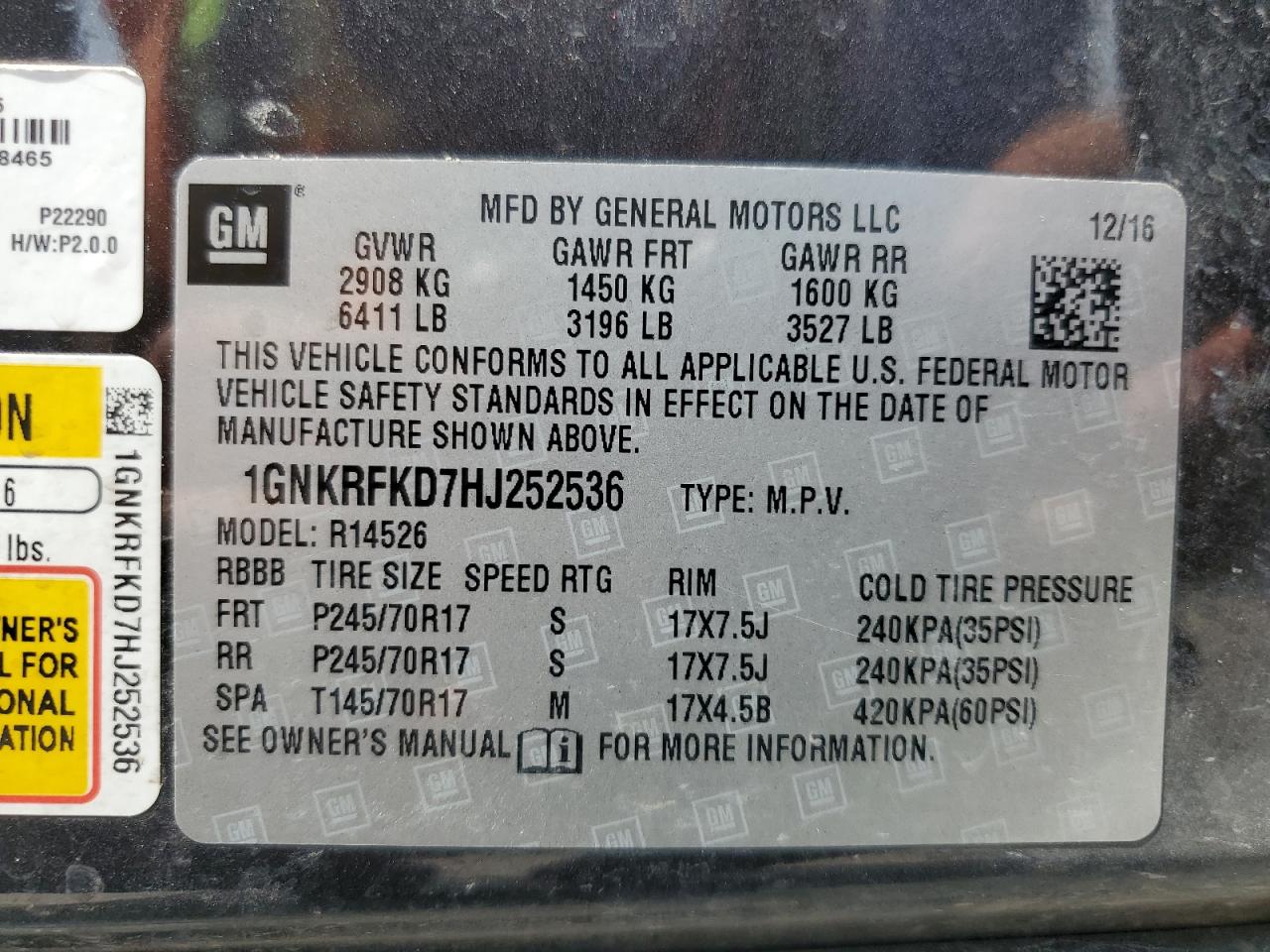 2017 Chevrolet Traverse Ls VIN: 1GNKRFKD7HJ252536 Lot: 63516595