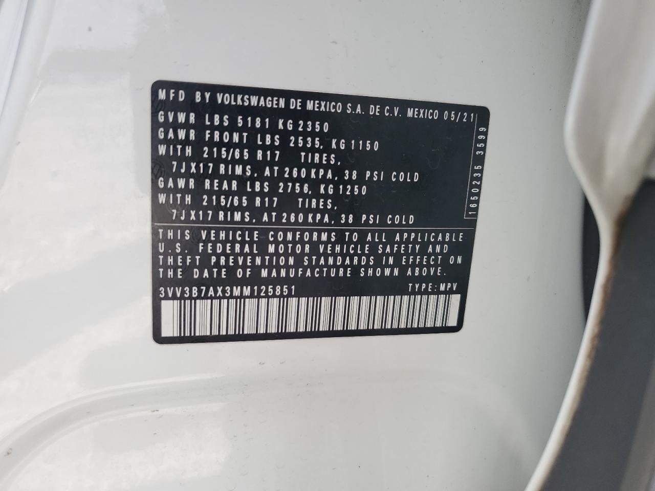 2021 Volkswagen Tiguan Se VIN: 3VV3B7AX3MM125851 Lot: 63386645