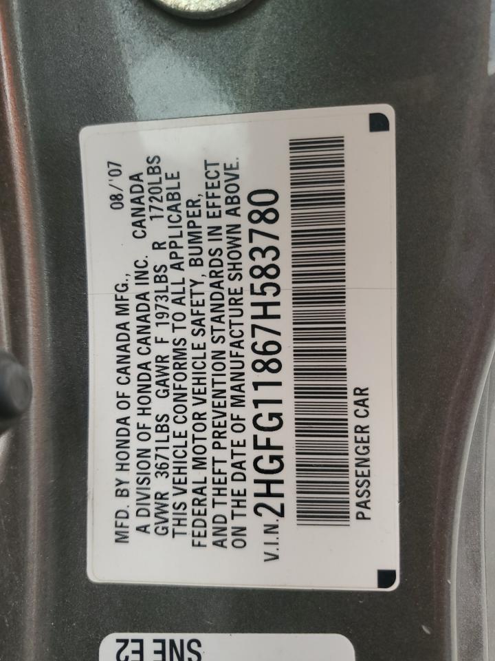 2007 Honda Civic Ex VIN: 2HGFG11867H583780 Lot: 66186885