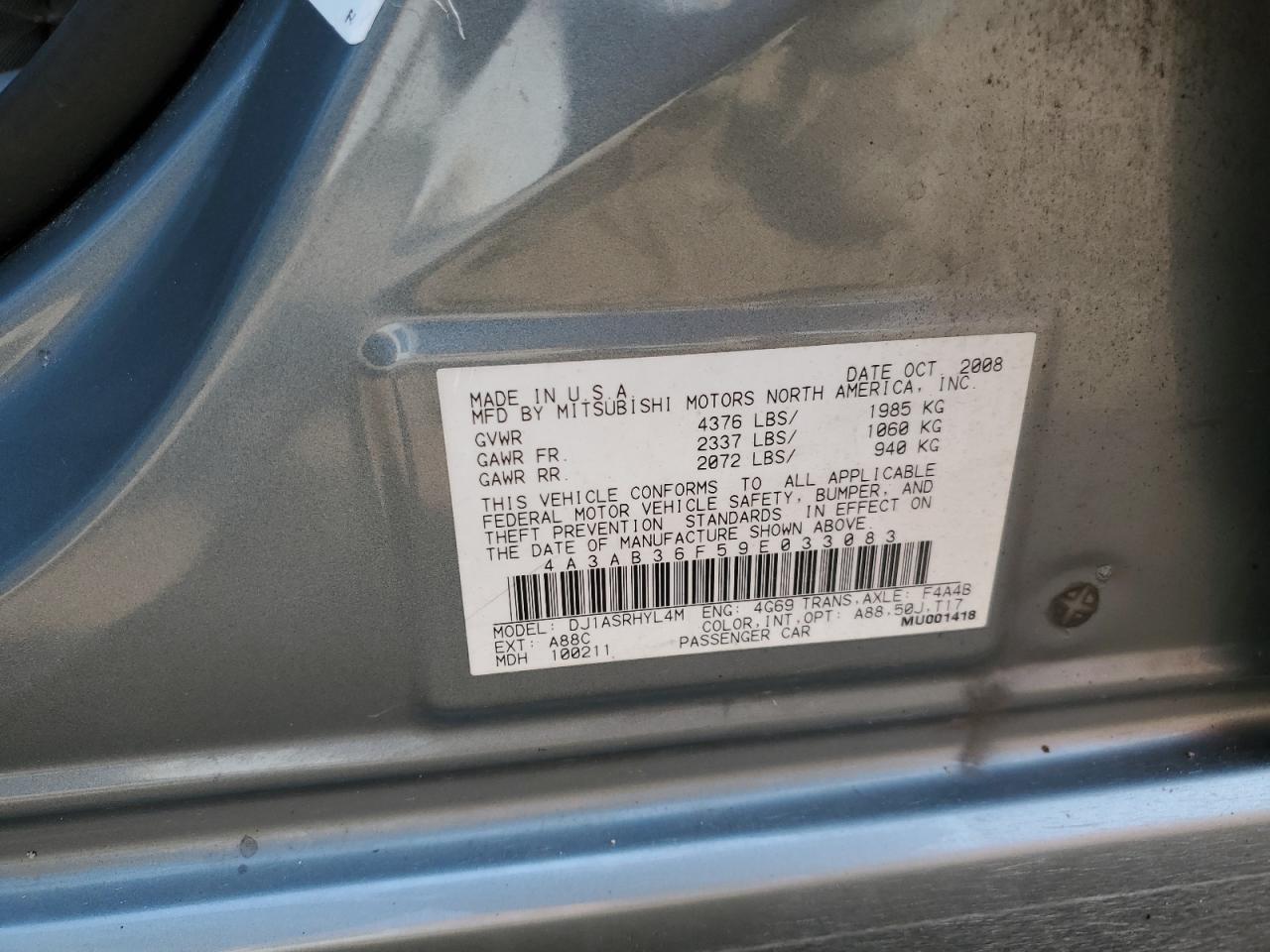 2009 Mitsubishi Galant Es VIN: 4A3AB36F59E033083 Lot: 66851945