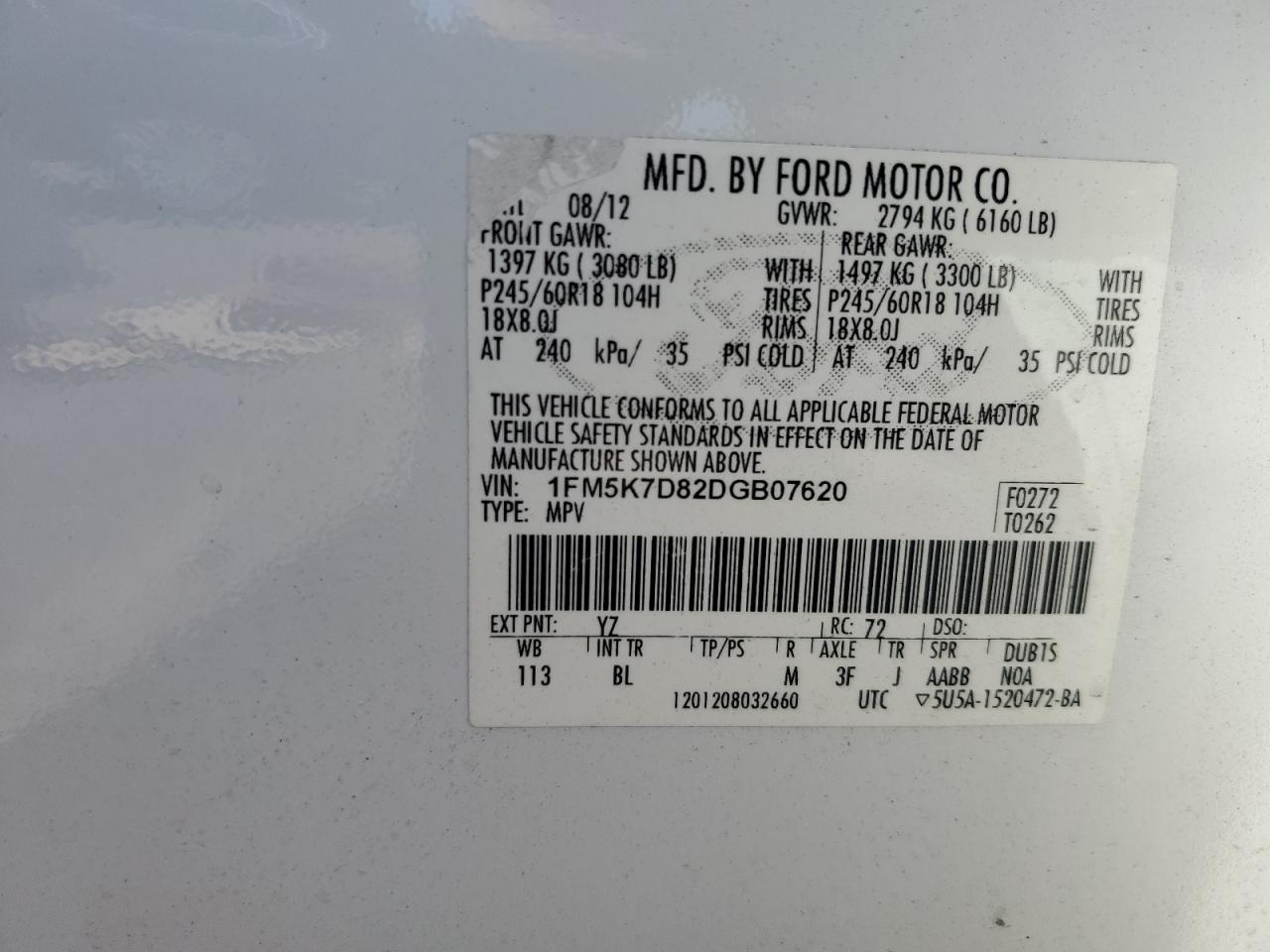 2013 Ford Explorer Xlt VIN: 1FM5K7D82DGB07620 Lot: 64239155
