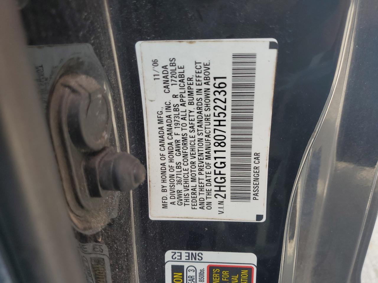 2007 Honda Civic Ex VIN: 2HGFG11807H522361 Lot: 66255175