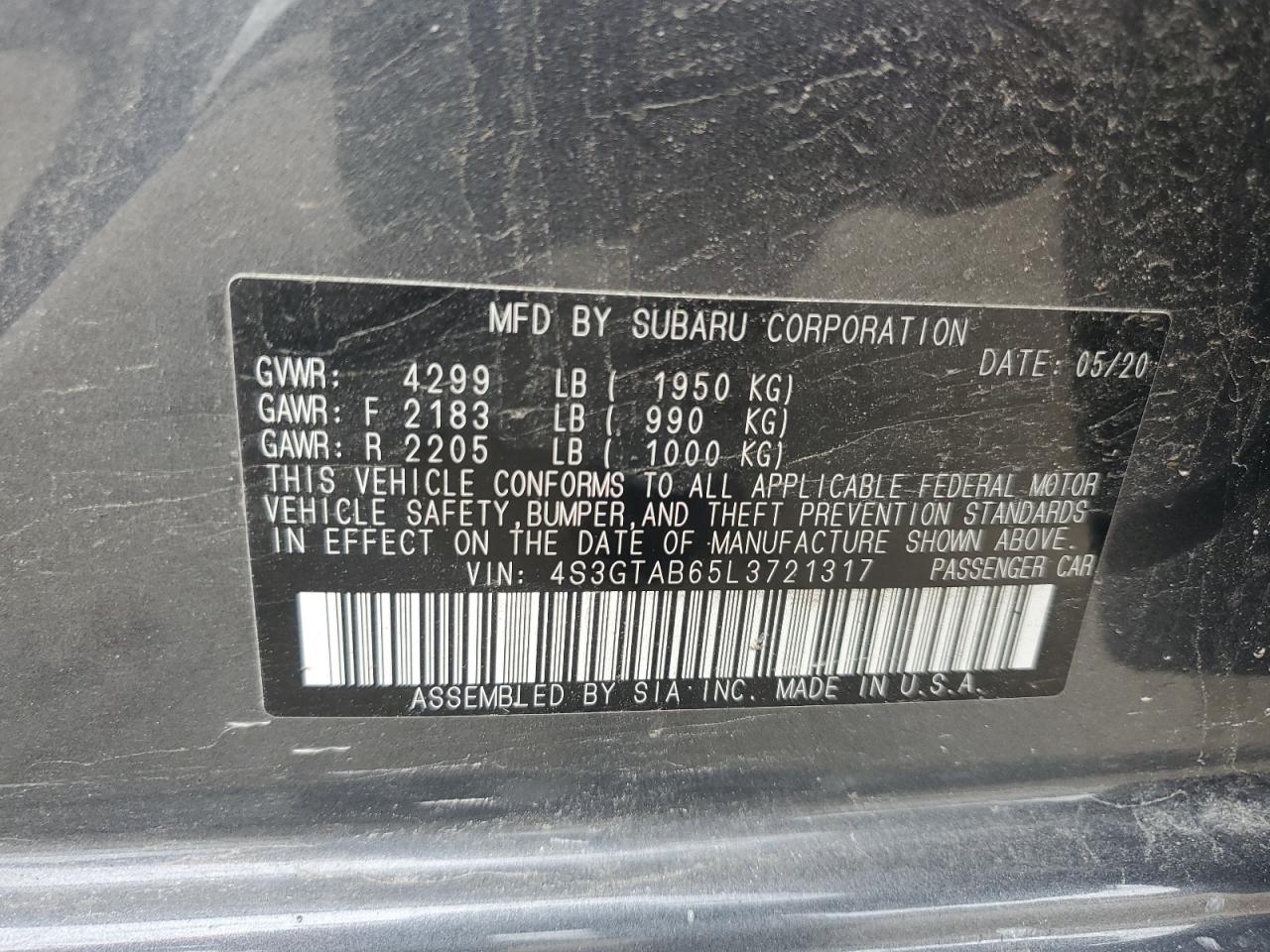 2020 Subaru Impreza VIN: 4S3GTAB65L3721317 Lot: 63690115