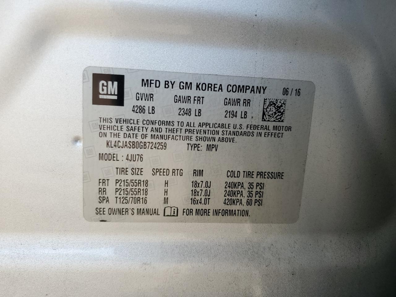 2016 Buick Encore VIN: KL4CJASB0GB724259 Lot: 65066015