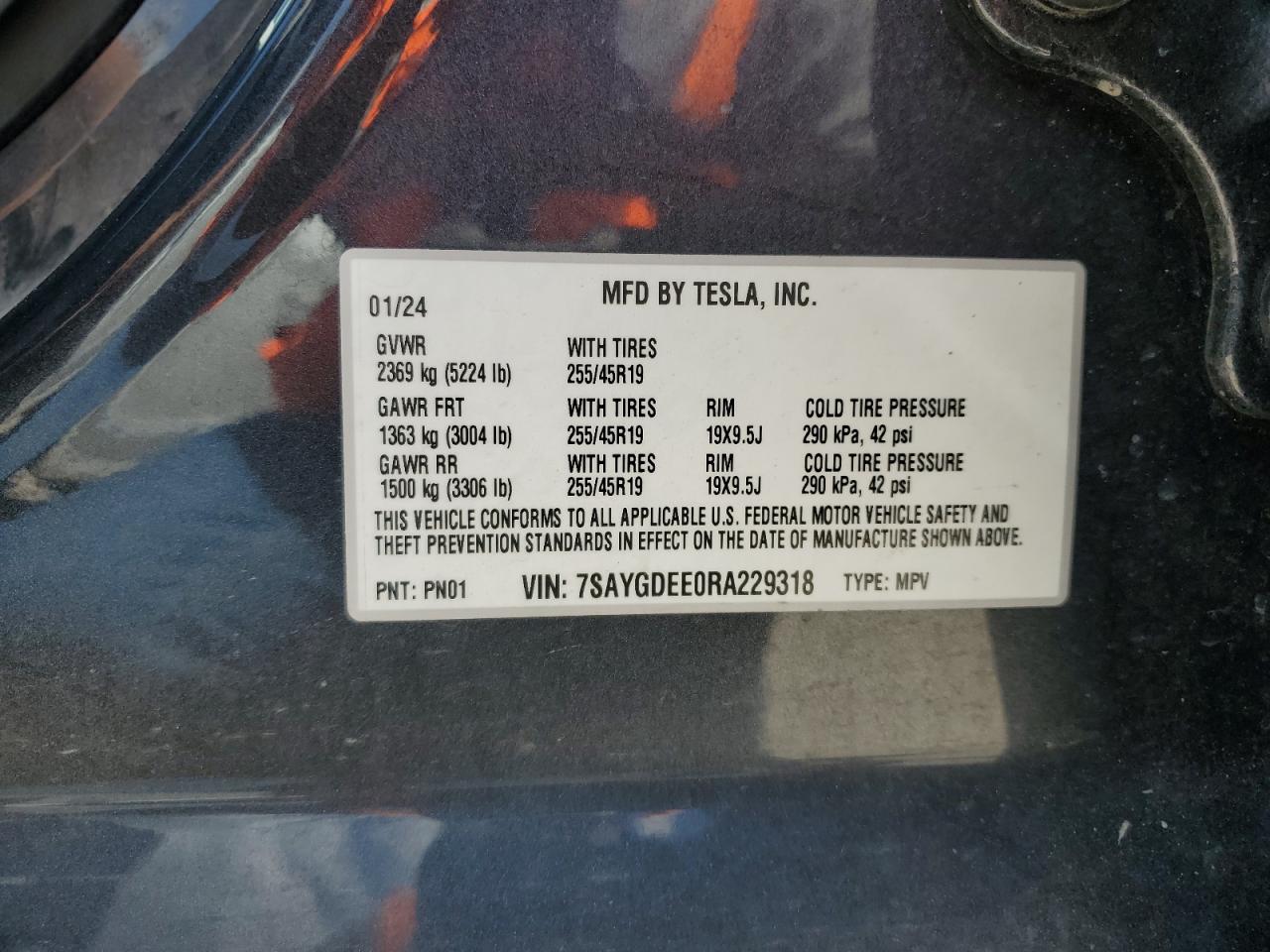 2024 Tesla Model Y VIN: 7SAYGDEE0RA229318 Lot: 69559225