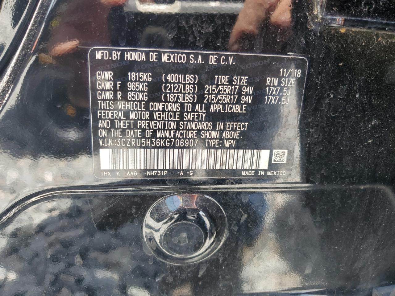 2019 Honda Hr-V Lx VIN: 3CZRU5H36KG706907 Lot: 63962675