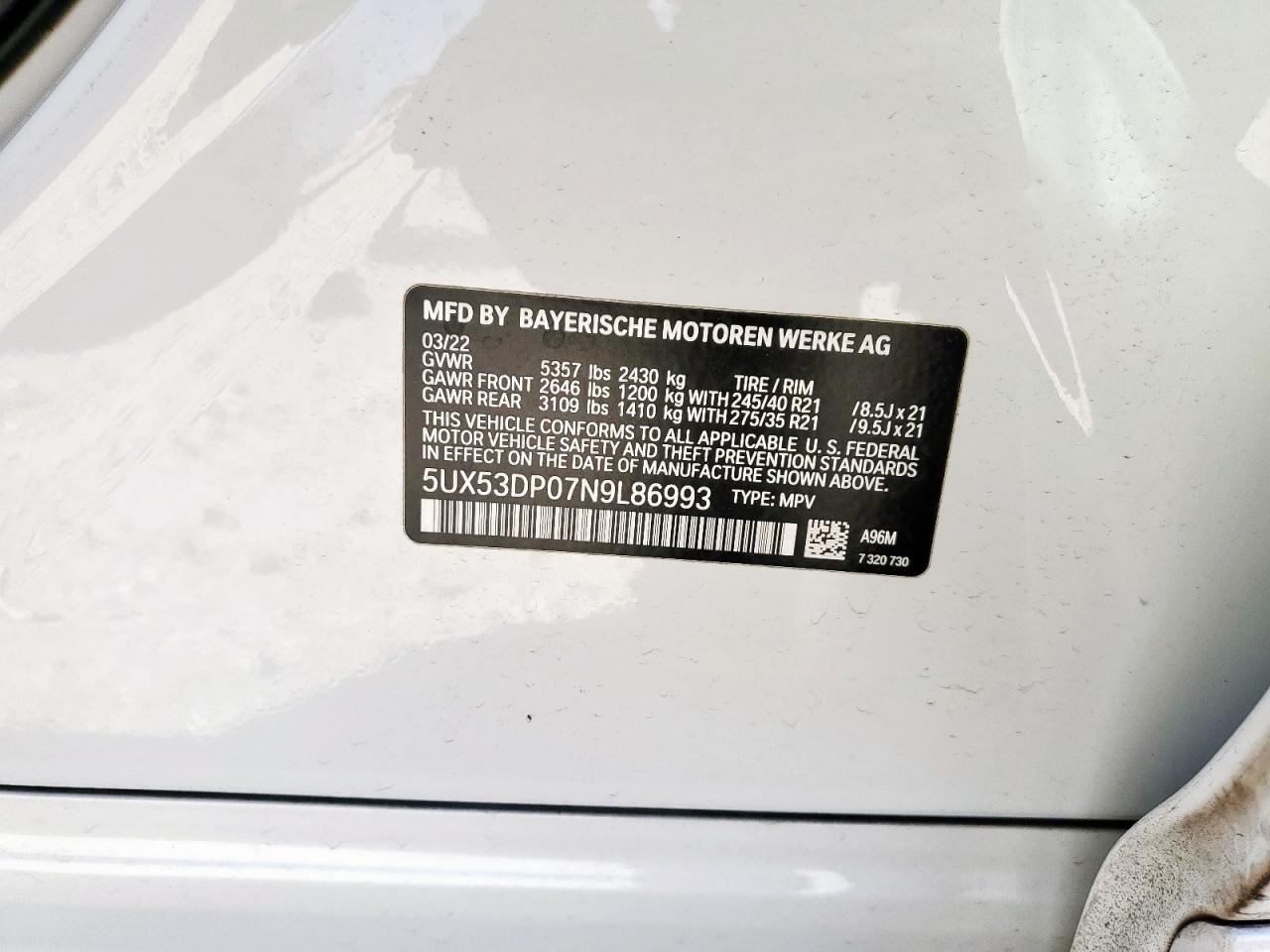2022 BMW X3 xDrive30I VIN: 5UX53DP07N9L86993 Lot: 64488355