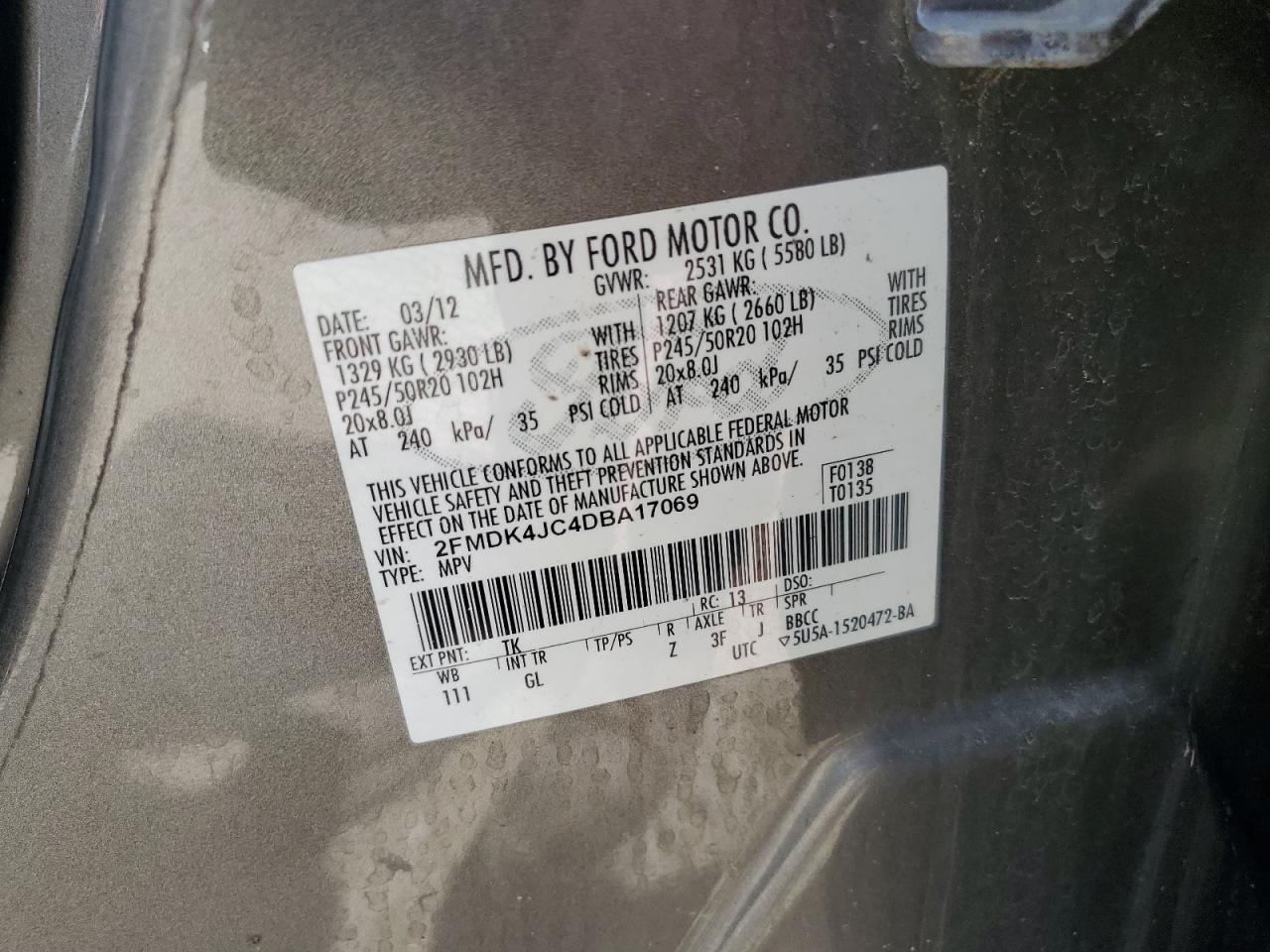 2013 Ford Edge Sel VIN: 2FMDK4JC4DBA17069 Lot: 54007155