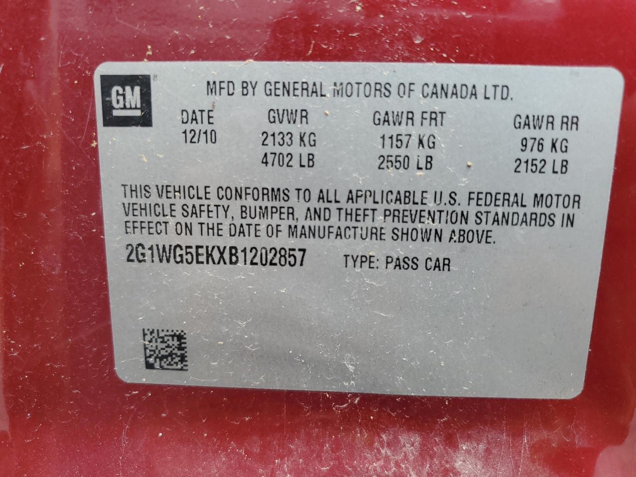 2011 Chevrolet Impala Lt VIN: 2G1WG5EKXB1202857 Lot: 64486075