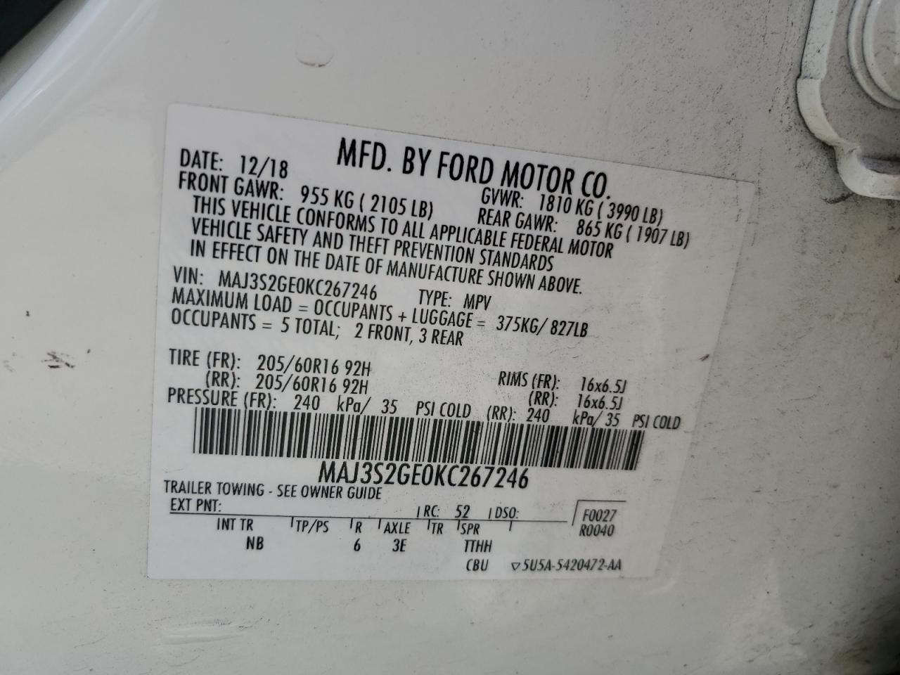 2019 Ford Ecosport Se VIN: MAJ3S2GE0KC267246 Lot: 64878355