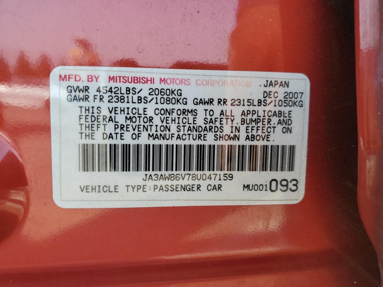 2008 Mitsubishi Lancer Evolution Gsr VIN: JA3AW86V78U047159 Lot: 64460845