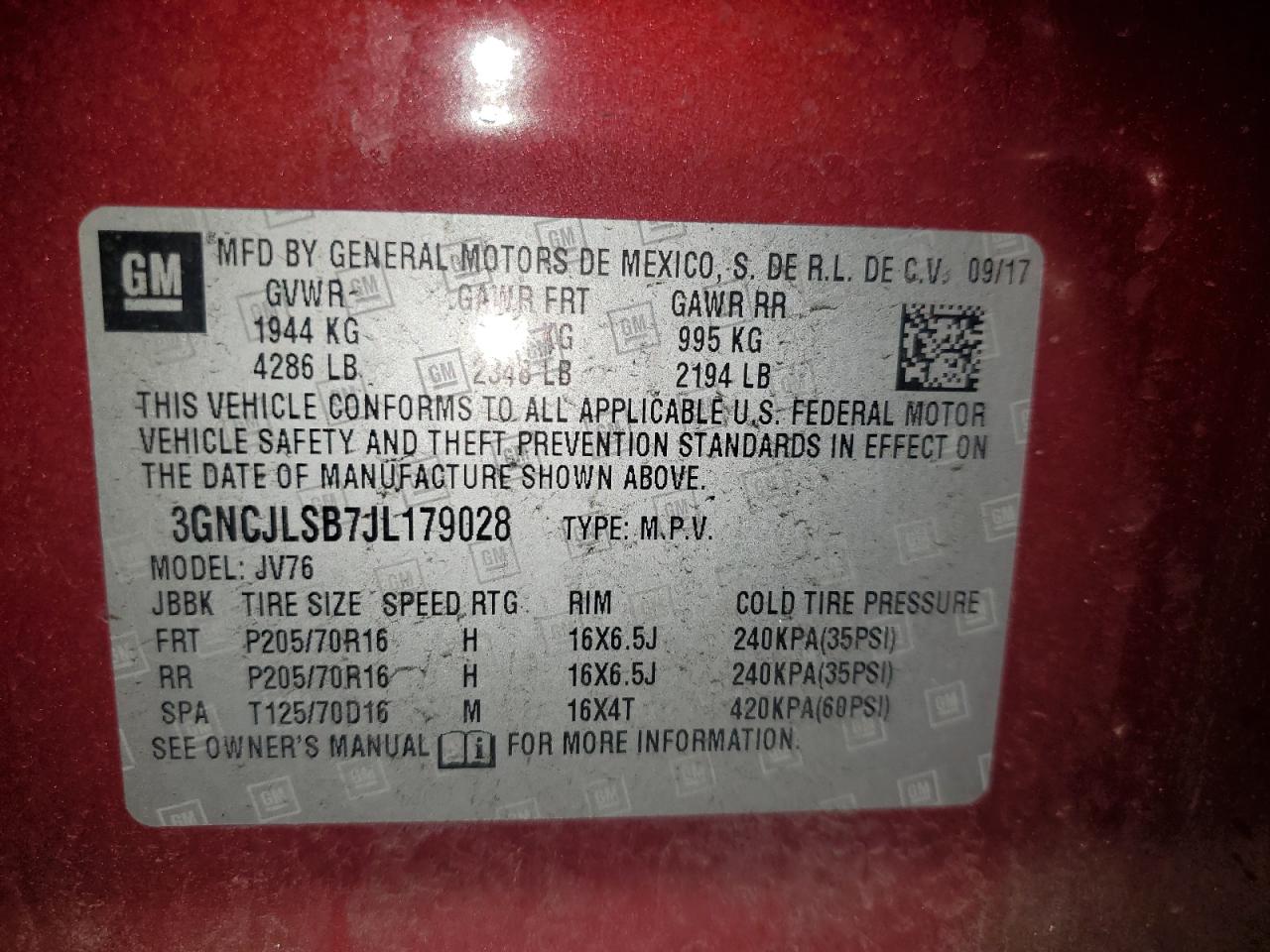 2018 Chevrolet Trax 1Lt VIN: 3GNCJLSB7JL179028 Lot: 65007195