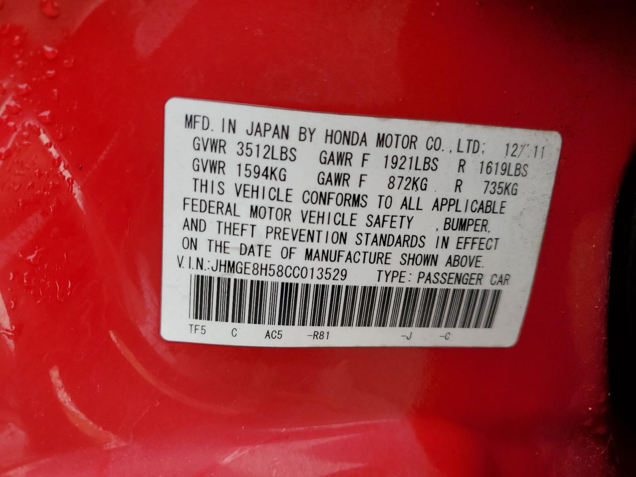 2012 Honda Fit Sport VIN: JHMGE8H58CC013529 Lot: 64642665