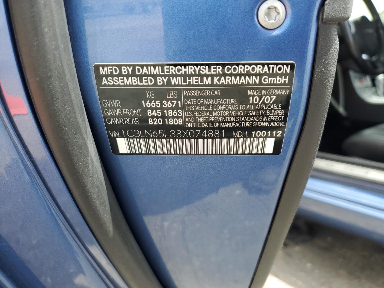 2008 Chrysler Crossfire Limited VIN: 1C3LN65L38X074881 Lot: 65398755