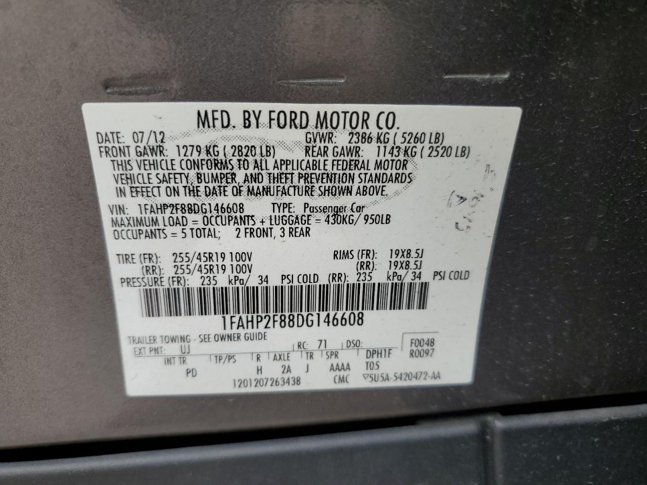 2013 Ford Taurus Limited VIN: 1FAHP2F88DG146608 Lot: 65507245