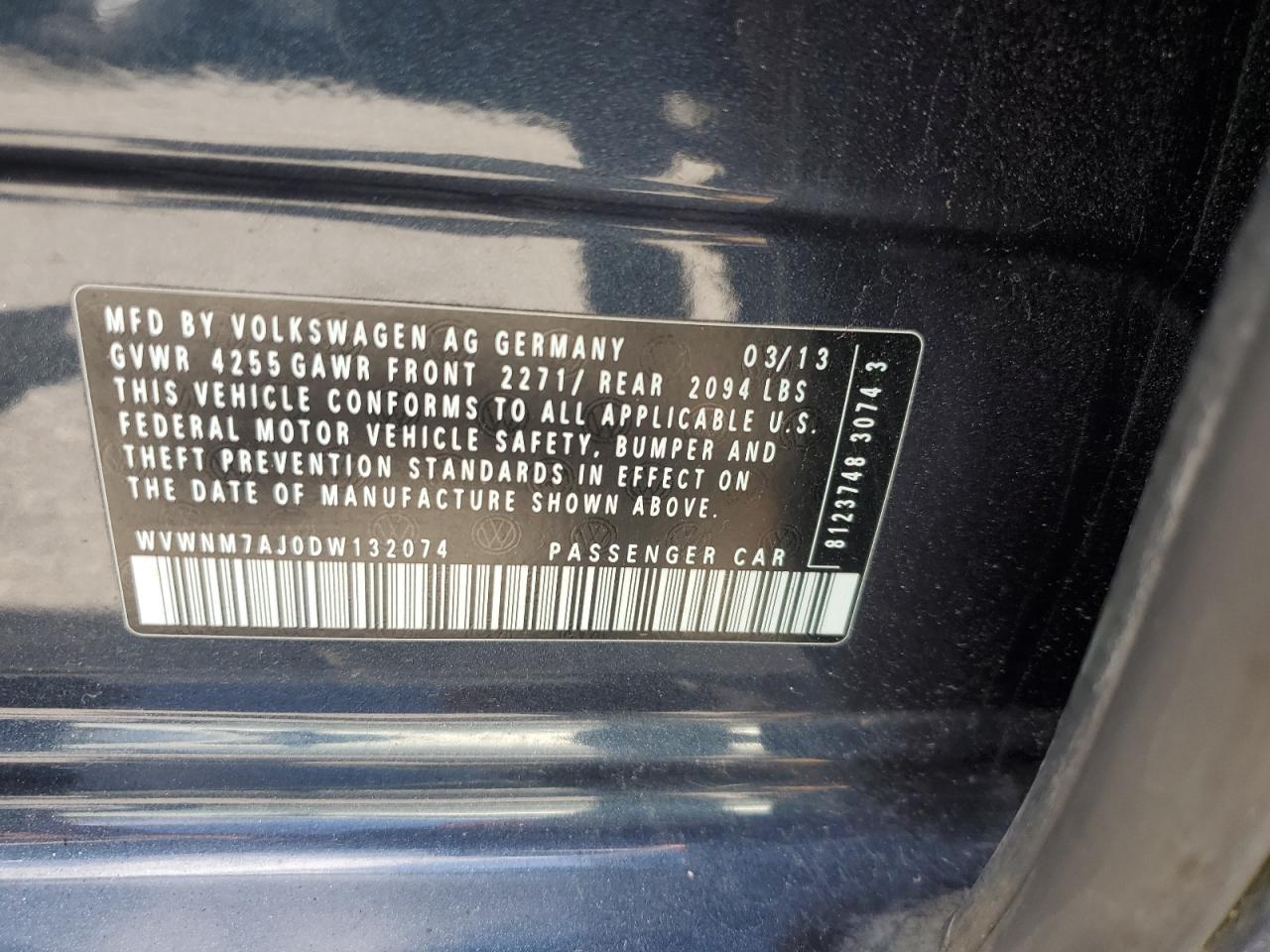2013 Volkswagen Golf VIN: WVWNM7AJ0DW132074 Lot: 64827005