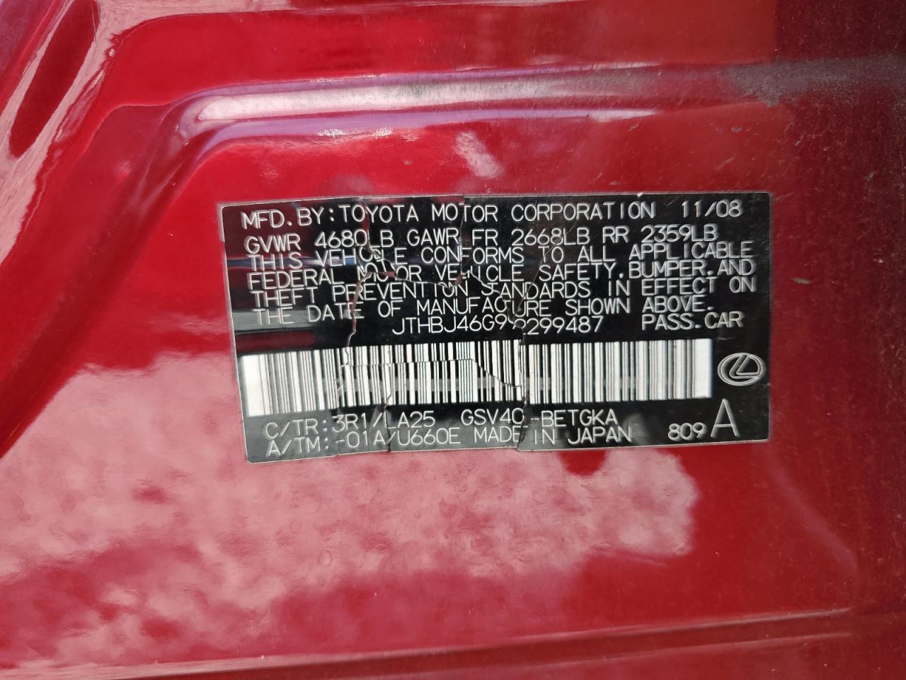 2009 Lexus Es 350 VIN: JTHBJ46G992299487 Lot: 63224325