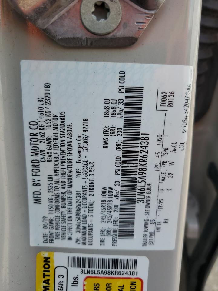 2019 Lincoln Mkz VIN: 3LN6L5A98KR624381 Lot: 61679665