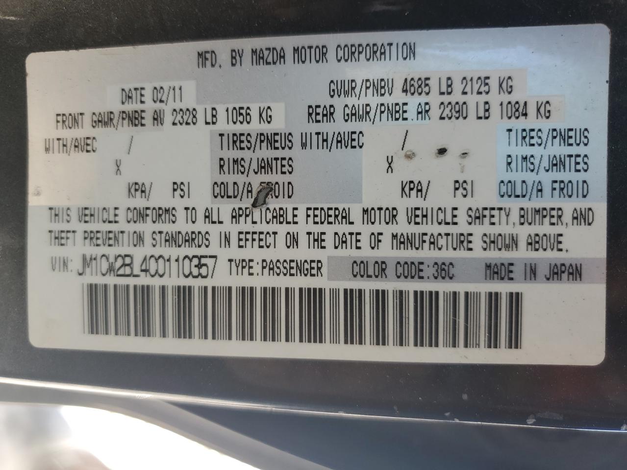 2012 Mazda 5 VIN: JM1CW2BL4C0110357 Lot: 60688235