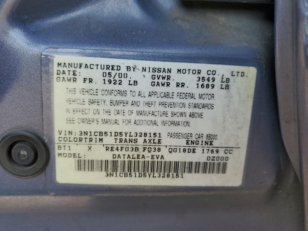 2000 Nissan Sentra Base VIN: 3N1CB51D5YL328151 Lot: 64589435