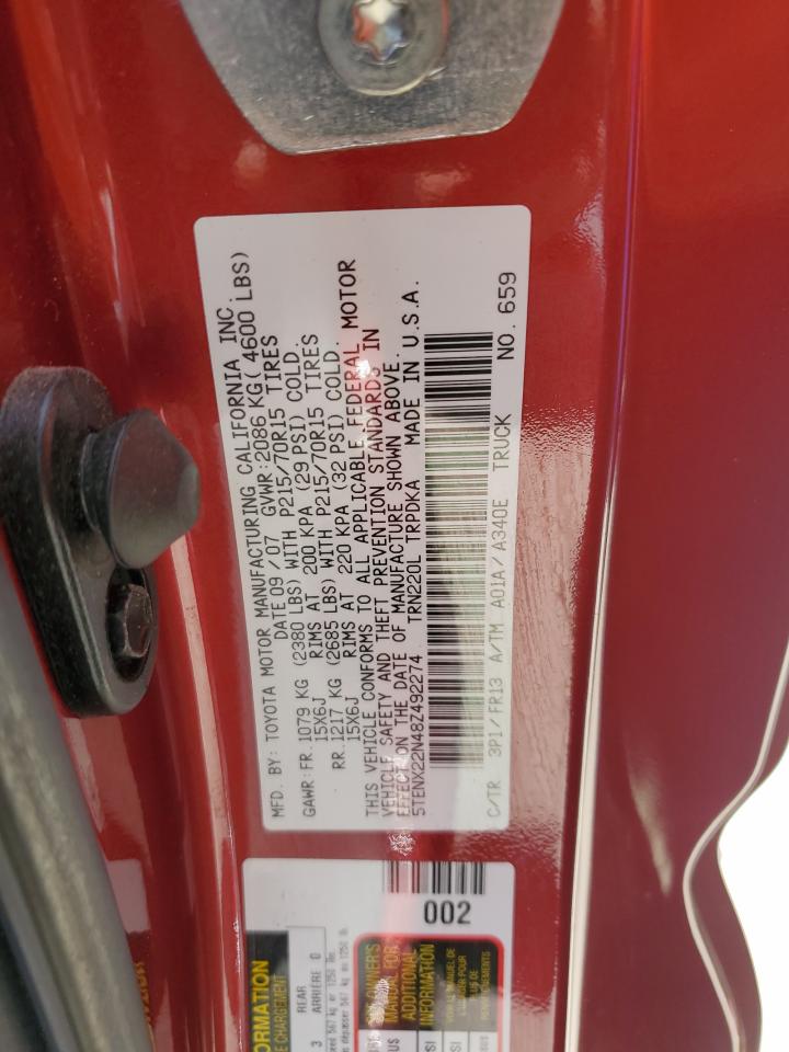 2008 Toyota Tacoma VIN: 5TENX22N48Z492274 Lot: 62117585